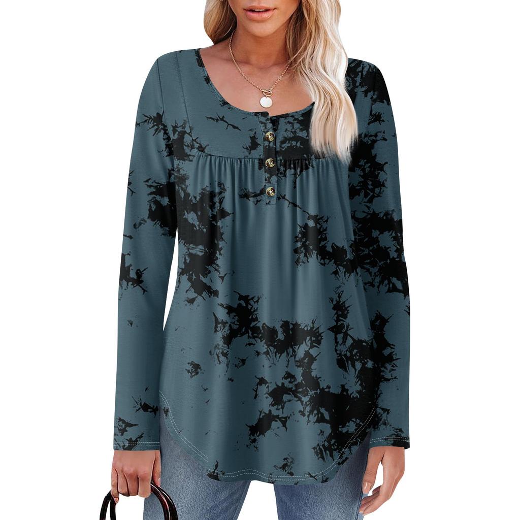 Женская туника с длинным рукавом, свободные топы, повседневные топы оверсайз, плиссированная туника, застегивающаяся на пуговицы, повседневные женские топы с принтом