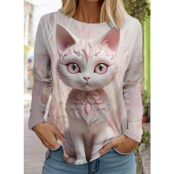 Весенне-осенние футболки с круглым вырезом и милым кошачьим узором с 3D-принтом, модные повседневные женские футболки с длинным рукавом