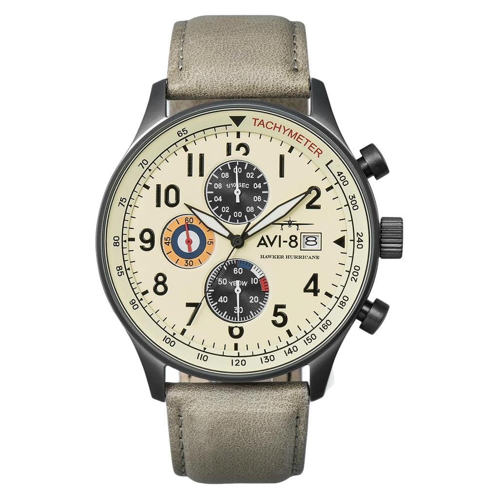 Мужские часы AVI-8 Hawker Hurricane Classic Chronograph 43,5 мм - Корпус из нержавеющей стали, Шкала тахиметра и Отображение даты, Минеральное стекло, Водонепроницаемость 5 АТМ