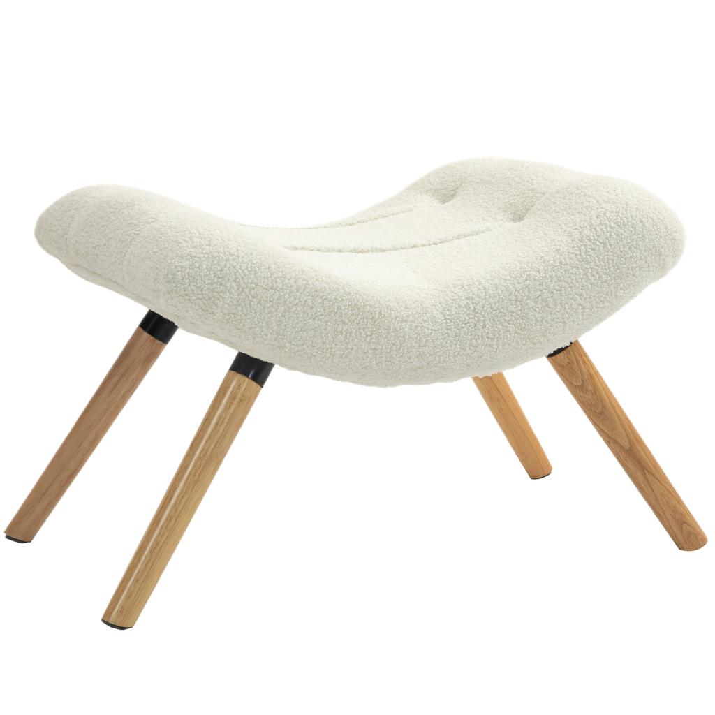 Fleece-Covered Footstool, Wooden Legs, Padded, Cream White