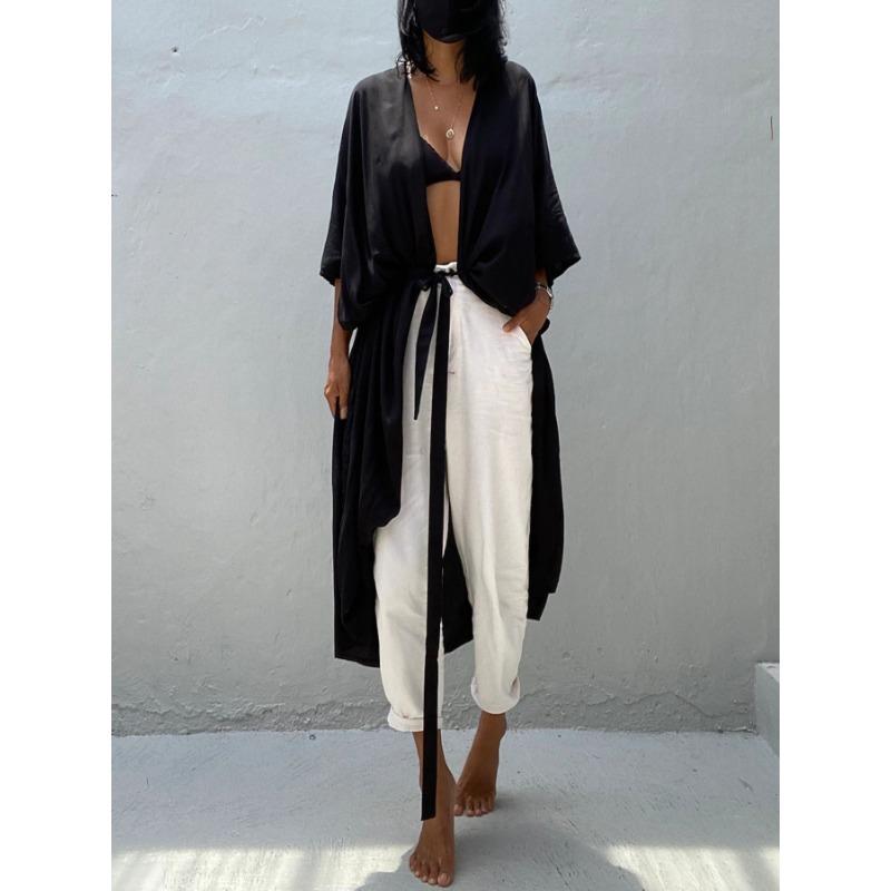Длинный хлопковый кардиган с рукавами кимоно и завязкой спереди для пляжного отдыха