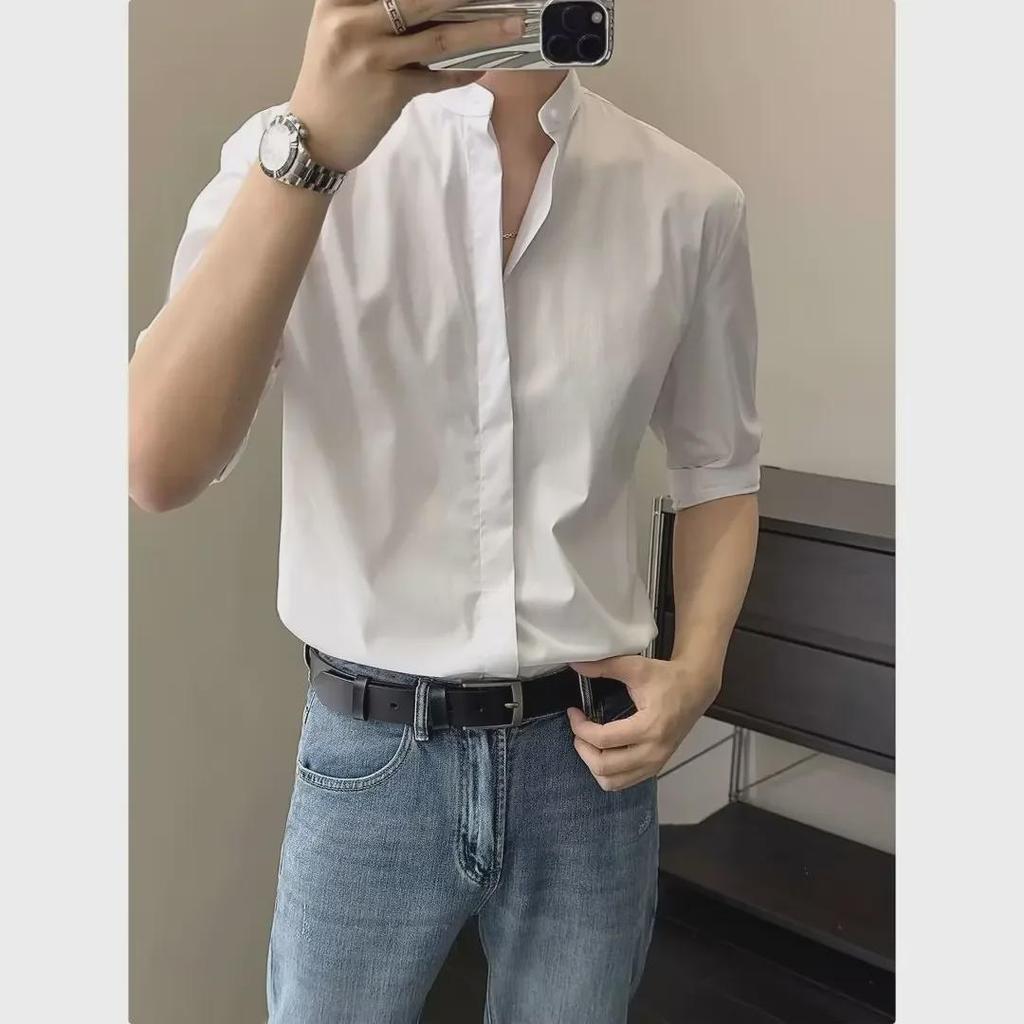 Мужская рубашка с коротким рукавом из шелка Ice Silk — летний воротник-стойка, модный китайский стиль, приталенный крой, бесплатная глажка.