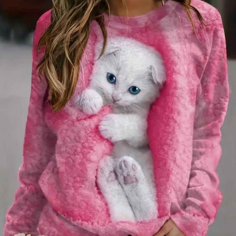 Женский свитер с круглым вырезом с милым котенком, осень 2023, новый женский топ, повседневный удобный свитер увеличенного размера