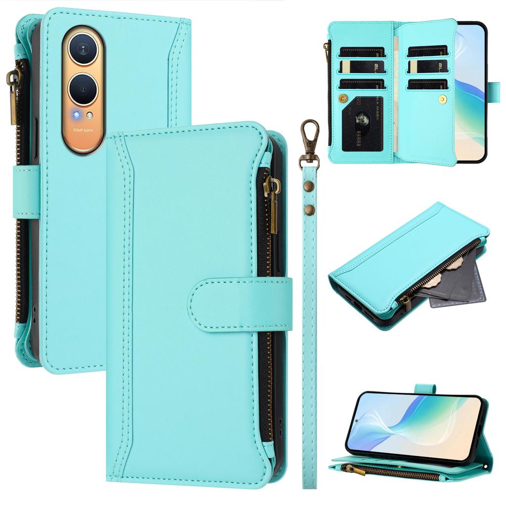 For Oppo K12x 5G (China)/OnePlus Nord CE4 Lite 5G Leather Case 9 Card Slots Zipper Wallet Stand Phone Cover with Wrist Strap