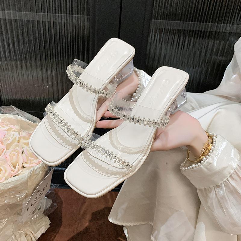 2025 новые летние тапочки для улицы, квадратный носок, двойной ряд бриллиантового ремня, прозрачные сандалии на толстом каблуке, женские туфли на высоком каблуке