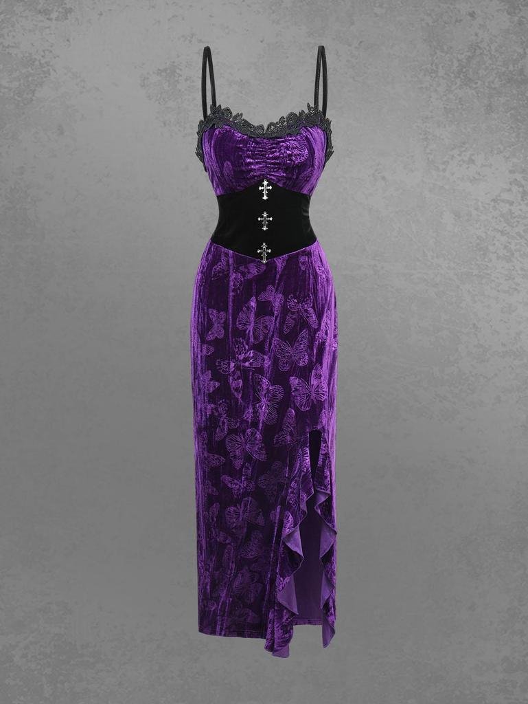 Платье-комбинезон Rosegal Gothic Plus Size из бархата с тиснением, бабочками, разрезами, крестообразным декором, отделкой в виде цветка розы, рюшами