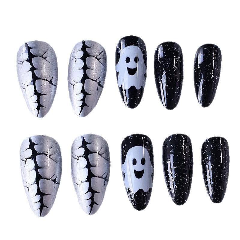 Nail Art Halloween Dark Sweet Cool Babes White Ghost Long Almonds Wearing Nail Pads