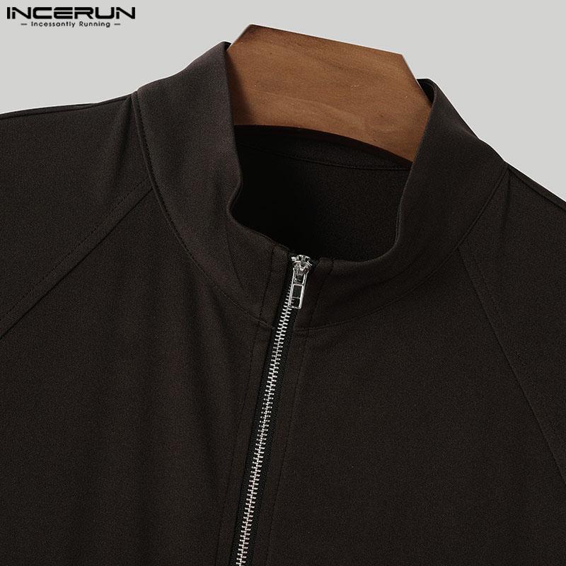 INCERUN Мужские летние футболки с высоким воротом и коротким рукавом на молнии