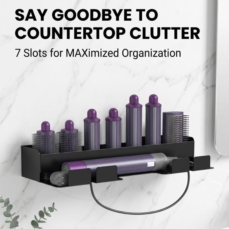 Adhesive-Mounted Hair Dryer and Curling Iron Holder with Open Wall Storage and Front Cord Retainers for Dressing Spaces