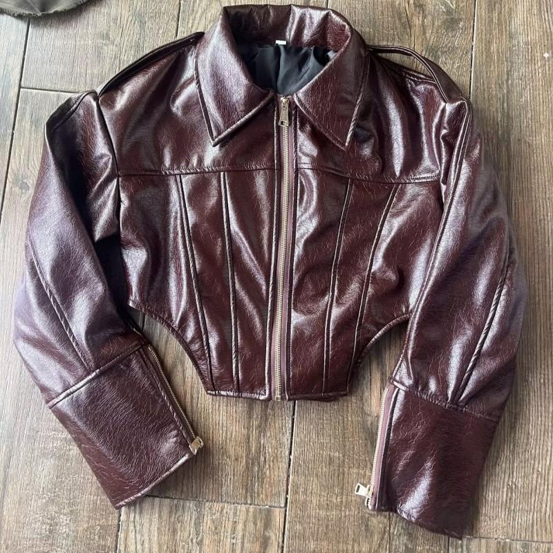 Женская Короткая Куртка из Искусственной Кожи с Воротником, Длинным Рукавом, Уличный Стиль, Шикарное Повседневное Пальто