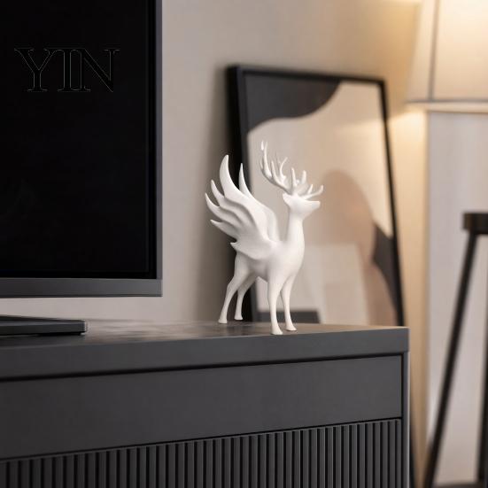 Frosted White Deer Ornament Christmas Elk Statue with Wings, 3D Printed Reindeer Figurine, Modern Minimalist Figurine Standing Sculpture for