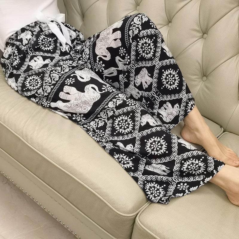 Cotton and silk family summer women's cotton and silk pajama pants high waist wide leg pants thin single wear can be worn outside home pants