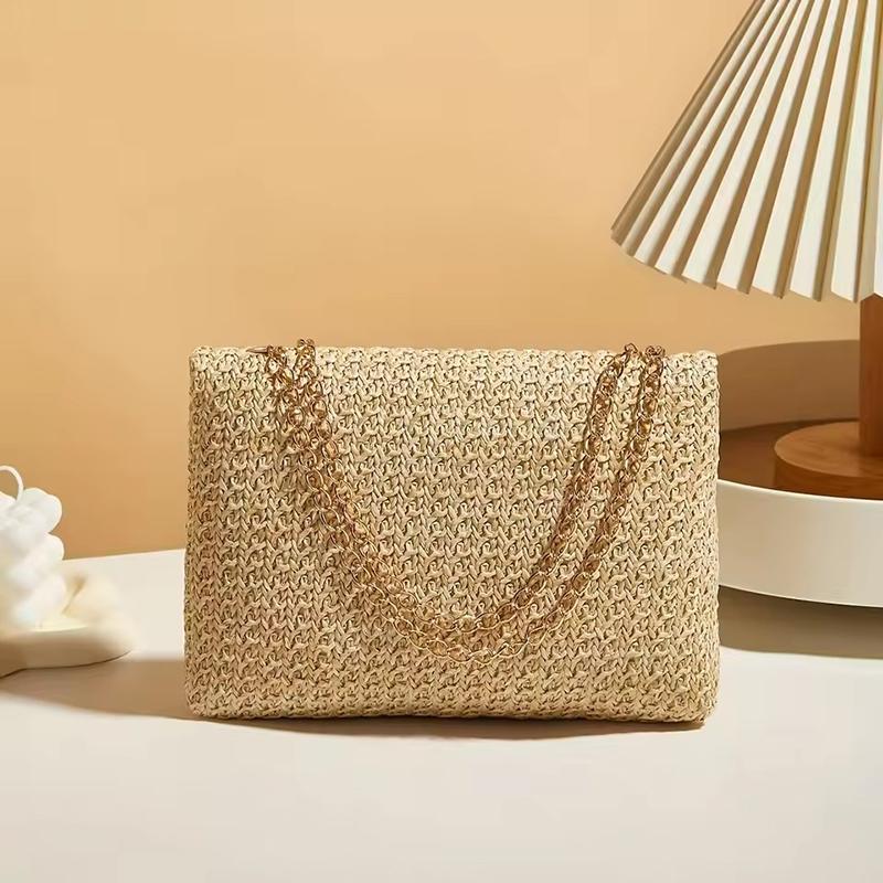 Crossbody Bag for Women Chain Strap Summer Beach Straw Flap Handbag Stylish Accessory Shoulder Bag for Day-to-Night Outfits CLE