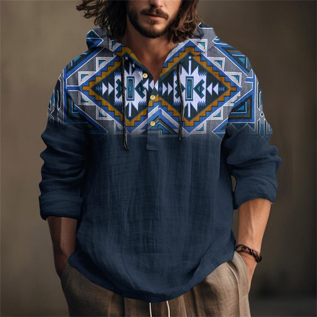 Мужская рубашка с принтом из хлопка и льна с капюшоном, с длинными рукавами, повседневная одежда для весны и лета