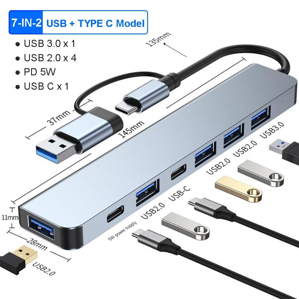 7-портовый USB 3.0 хаб с 4 портами USB 2.0 и 2 портами USB-C USB-C сплиттер-распределитель для высокоскоростной передачи данных и подключения устройств