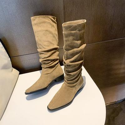 Модные винтажные ботфорты женские осенние новые с квадратным носком комбинированные замшевые выше колена на мягкой подошве на блочном каблуке