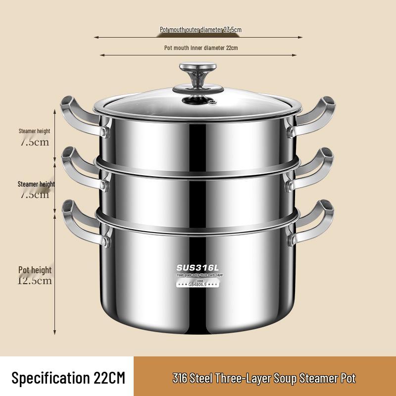 Супница из нержавеющей стали 316L с ручками - Антипригарная, для варки на пару, готовки и тушения на индукционных плитах