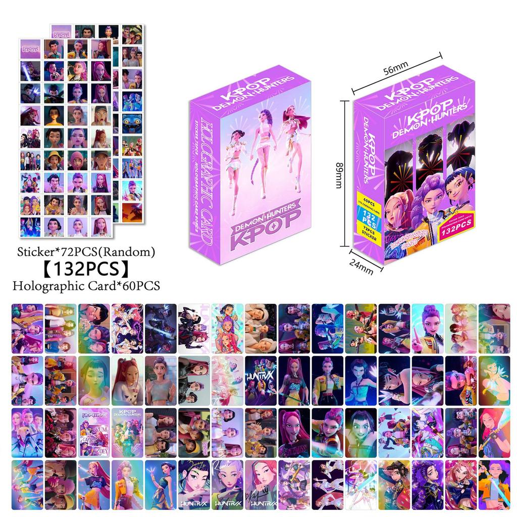 132PCS Kpop Demon Hunters Laser Cards K-Pop Witch Hunt Cartoon Series Accessories 60PCS Lomo Small Cards & 72PCS Stickers