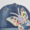 (One Size, Blue) Women Rhinestone Butterfly Sun Hat Breathable Sun Protection Denim Baseball Hat Holiday Outdoor Travel Cap