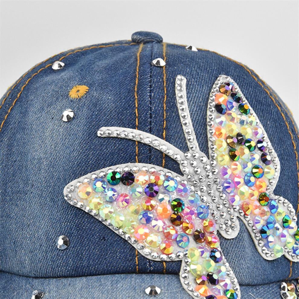 (One Size, Blue) Women Rhinestone Butterfly Sun Hat Breathable Sun Protection Denim Baseball Hat Holiday Outdoor Travel Cap