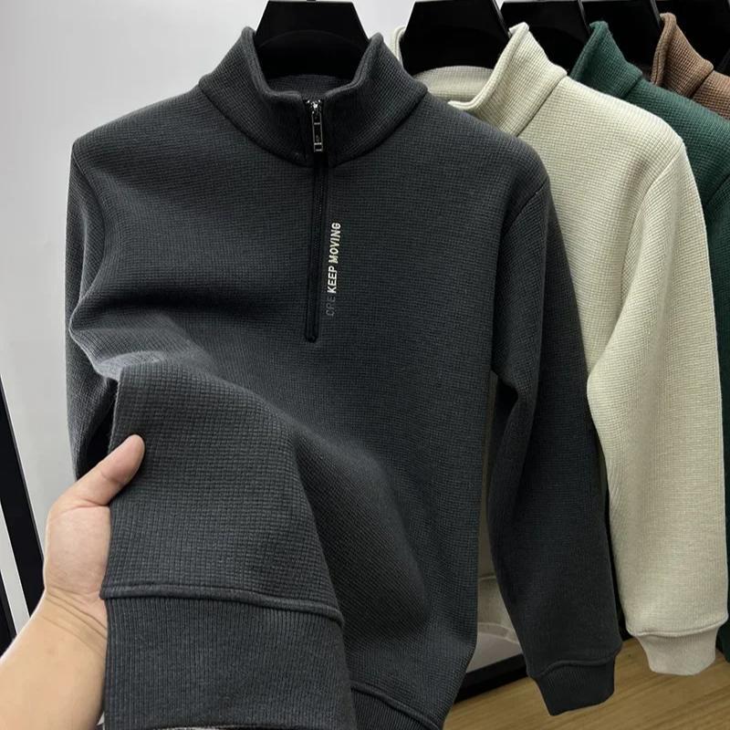 Plus Size Men's Autumn And Winter Sweatshirt Zipper Stand Collar Long Sleeves Thickened Fleece Solid Color Neck Guard Mid-length