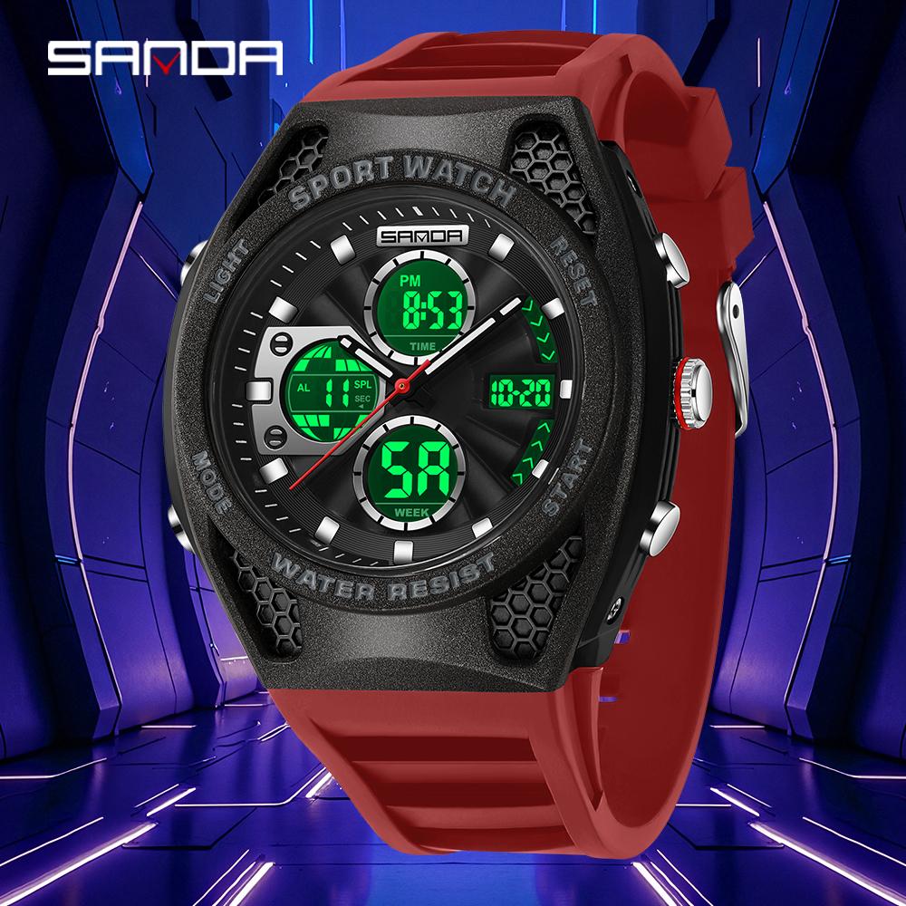 Sanda 3384 Роскошные мужские спортивные электронные часы с двойным дисплеем Водонепроницаемые Хронограф Многофункциональные Военные кварцевые часы
