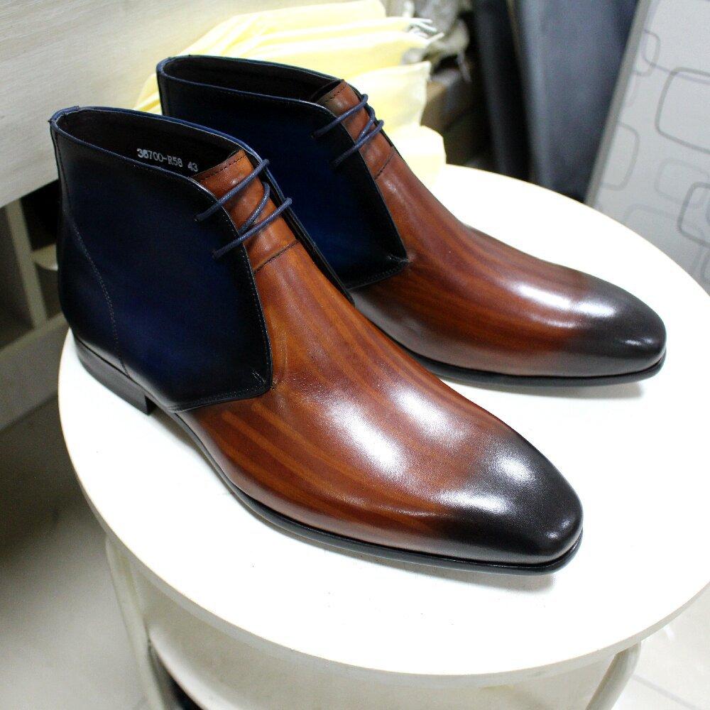 New Men'S Boots Cowhide Short Boots Lace-Up High-Top Leather Shoes Men'S Fashion Hand-Polished Tooling Boots