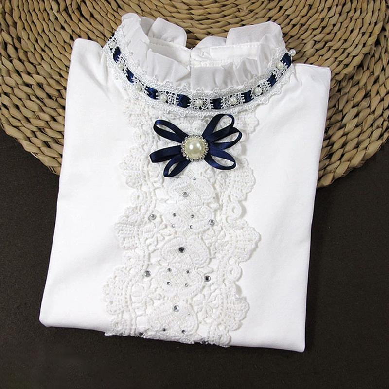 Блузки для девочек, рубашки, 3 цвета, 80-165, топы для девочек-подростков, школьниц, хлопковые кружевные рубашки с длинными рукавами, детская одежда