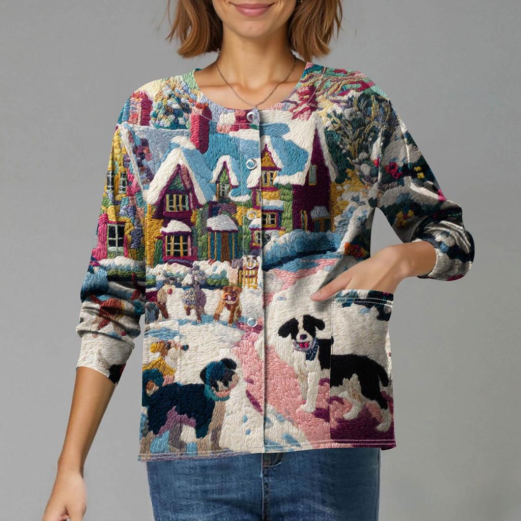 Women's Casual Long-Sleeved Single-Breasted Christmas-Themed Print  Cardigan