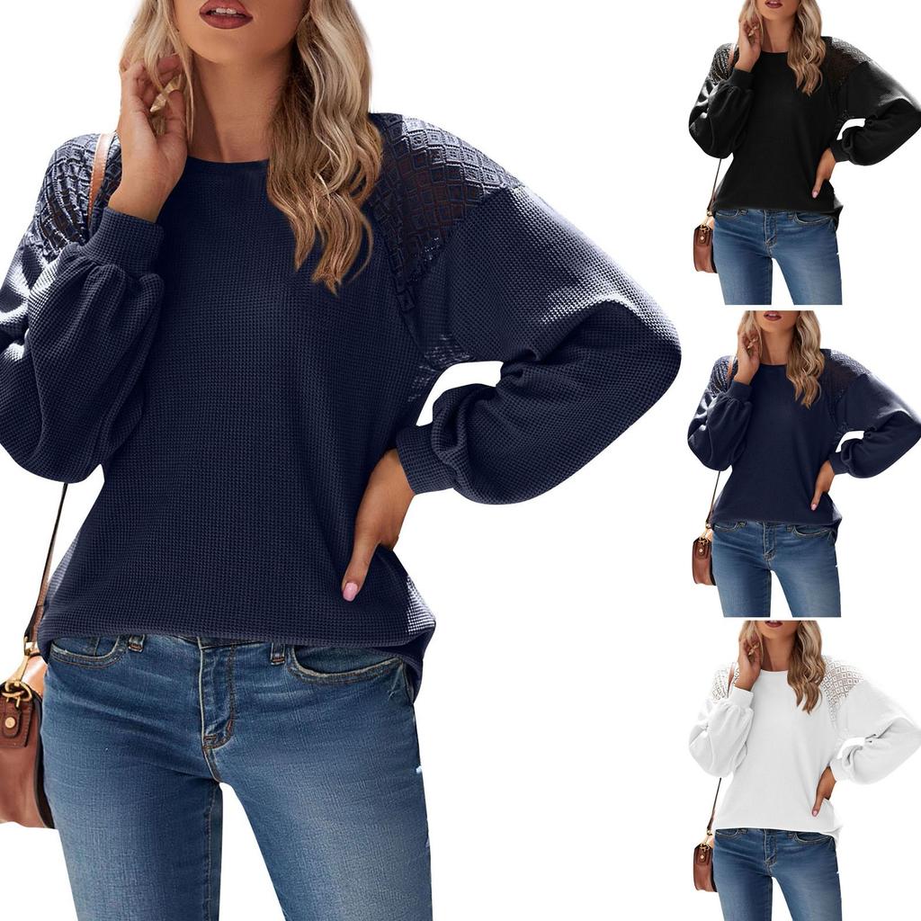 Women's Fashion Casual Solid Color Striped Round Neck Pullover Lace Long Sleeve Top T-shirt