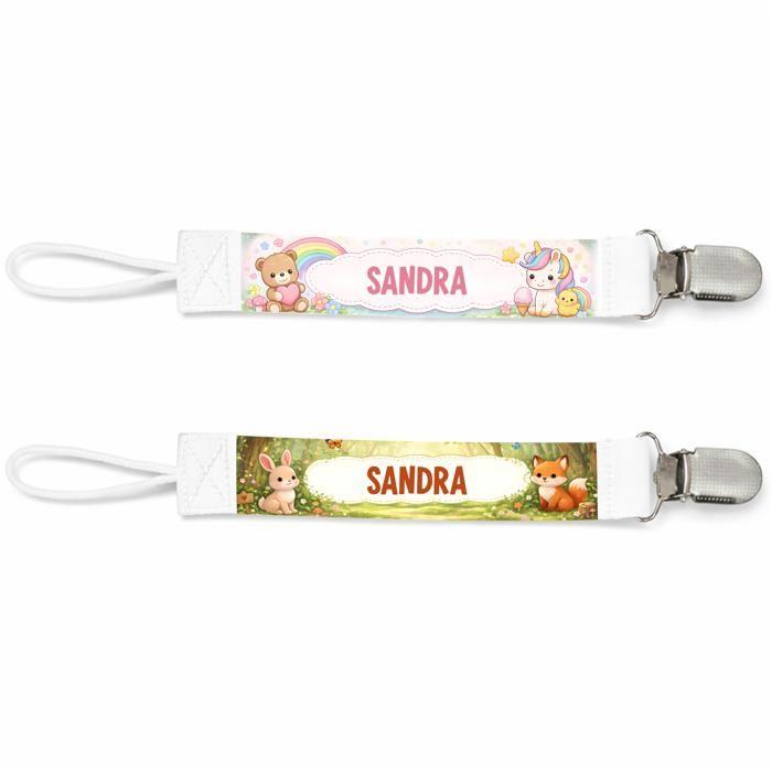 Planetee Lot de 2 Attaches Tétine pour Sandra Animaux Mignons - Attache Sucette Personnalisée Bébé Fille Cadeau Naissance