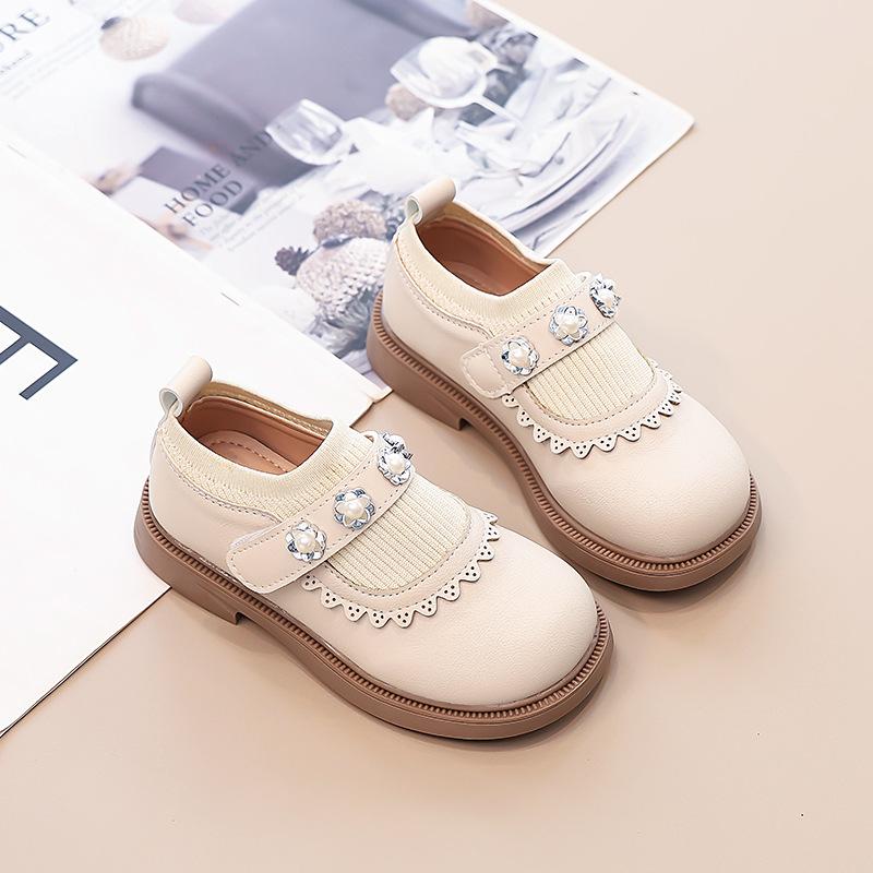 New Spring Autumn Girls Princess Shoes Soft Sole Pearl Decor Knit Casual Flats