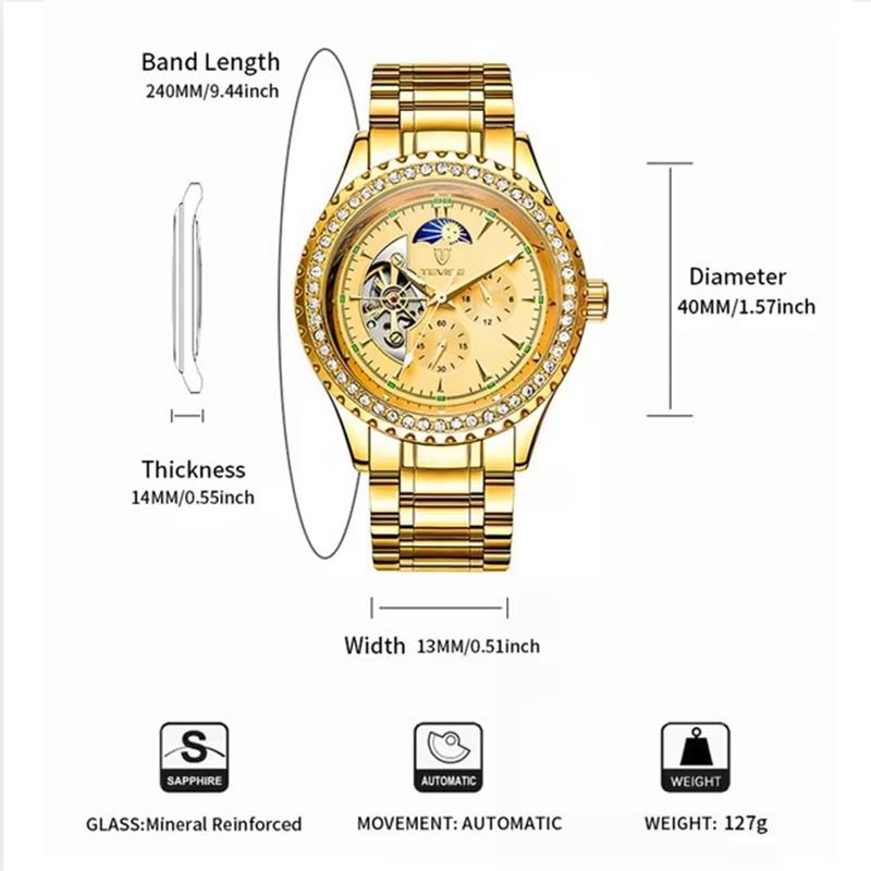 TEVISE Новые мужские механические часы с турбийоном, золотые часы с бриллиантами, деловые полностью автоматические механические часы, водонепроницаемые, светящиеся