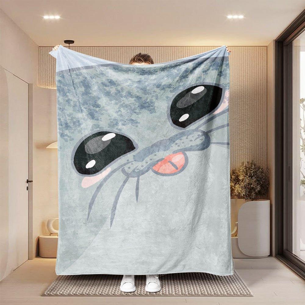 1pc Ins Cute And Easy Gray-Blue Q-Cute Big-Eyed Seal Pattern Blanket, Decorative Blanket for Bedroom And Living Room Sofa, Warm Blanket for Nap And Lu