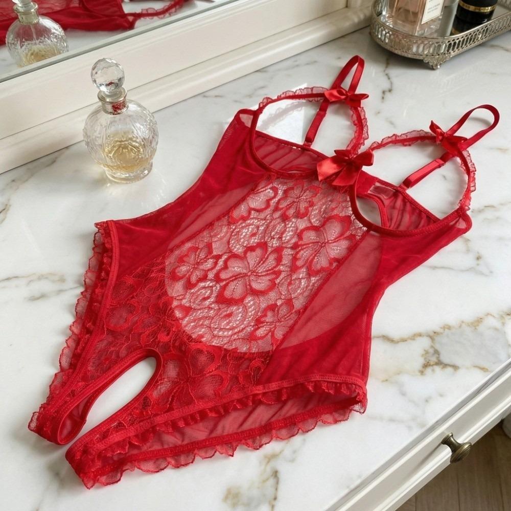 Mesh Hollow Women Underwear Deep V Lace Sling Nightwear Lingerie Lace Bow Bodysuit Gifts