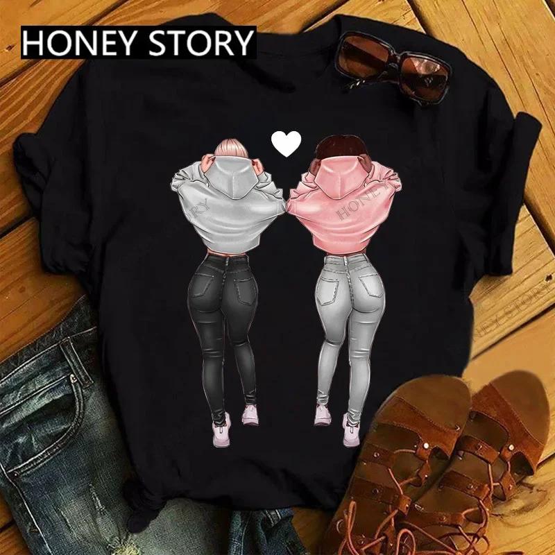 Summer Fashion Best Friends T-Shirt Short Sleeve Graphic Tees for Ladies Good Friend Bestie Sister Outfit Polyester Fabric