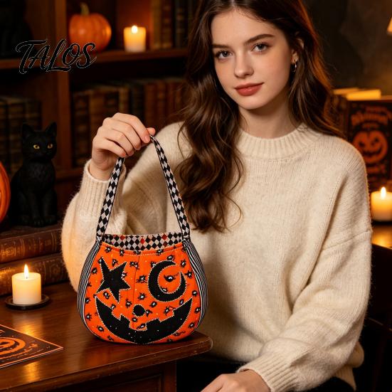 Kids Pumpkin Goodie Bags Halloween Trick‑or‑Treat Tote Bag, Ghost Face Candy Handbag, Party Favor Holders Reusable Bag for Costume Accessory