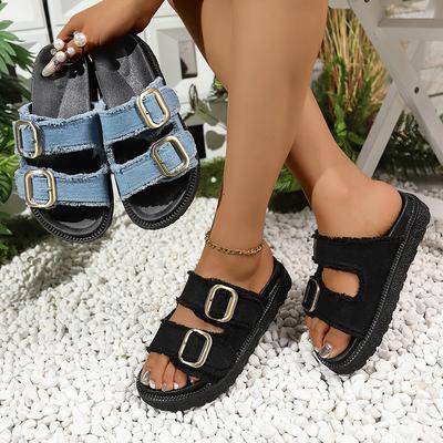 Внешняя торговля большой размер универсальная джинсовая пряжка для ремня один фут крутые тапочки женские летние 2025 новые тапочки на плоской подошве
