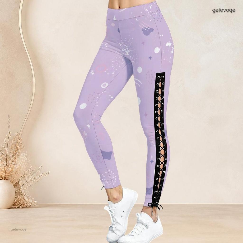 Women Plus Size High Waist Black Blue Printed Side Eyelet Lace Up Full Length Fitted Leggings