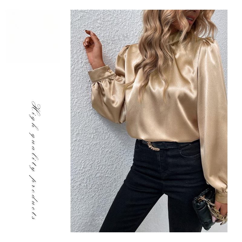 Женская рубашка с воротником-стойкой и рукавами-фонариками, универсальные атласные блузки и рубашки с длинными рукавами