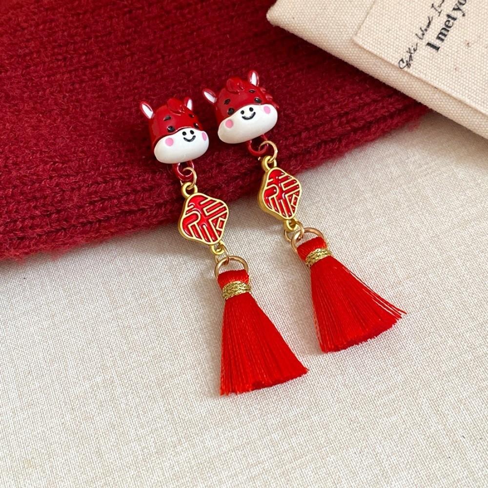 Flocking New Year Horse Earrings Cartoon Horse Horse Mascot Drop Earrings Red Pony Earrings  Party
