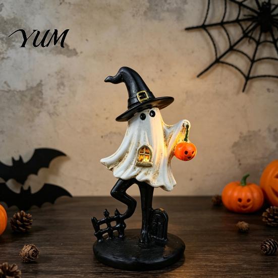 Unique Gothic Room Accents Halloween Ghost Resin Figurine, Vintage Cute Holding Artistic Party Decor Pumpkin Lantern Statue for Indoor Home
