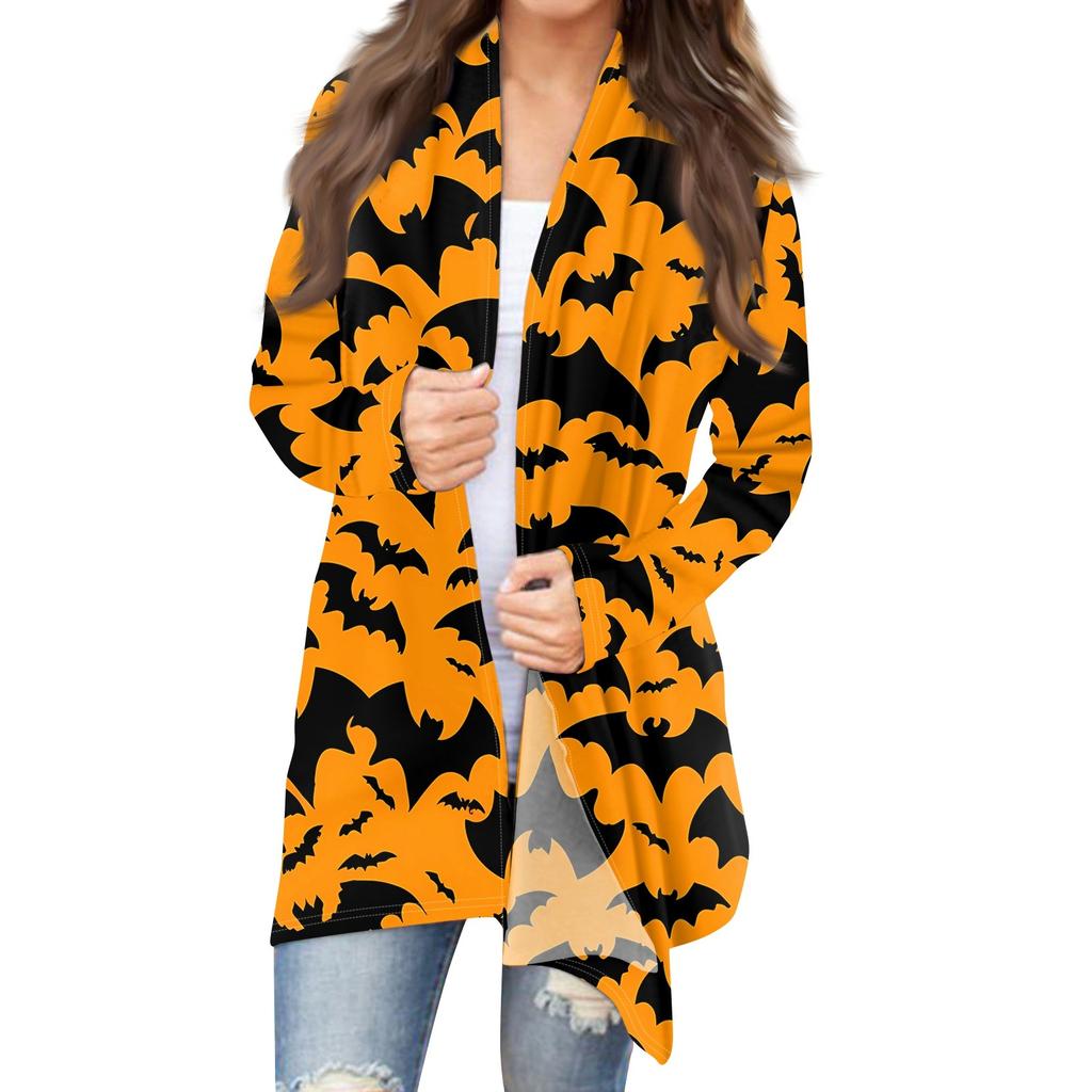 Женский кардиган с длинным рукавом спереди и принтом на Хэллоуин, легкая куртка