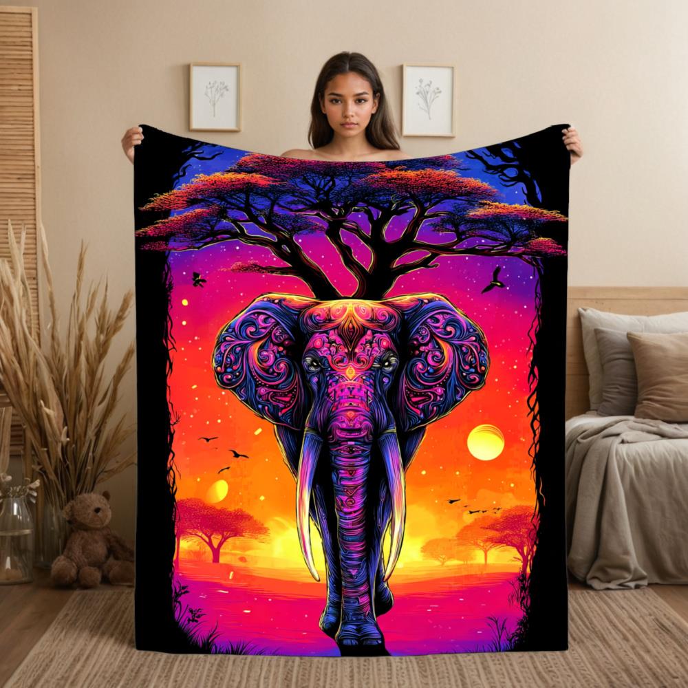 Elephants and the Sunset Pattern Flannel printed blanket suitable for all seasons suitable for living room office sofa travel