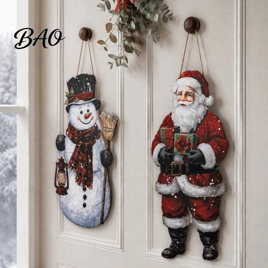 Holiday Atmosphere Decorations Vintage Christmas Door Welcome Sign, Rustic Santa Claus Snowman Wooden Gift for Family Wreath, Farmhouse Decorative
