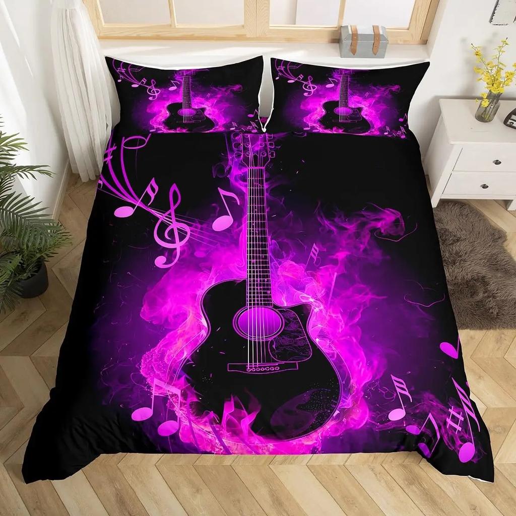Music Guitar Duvet Cover King Queen Black White and Grey Graffiti Bedding Set Musical Notes Comforter Cover Musical Quilt Cover