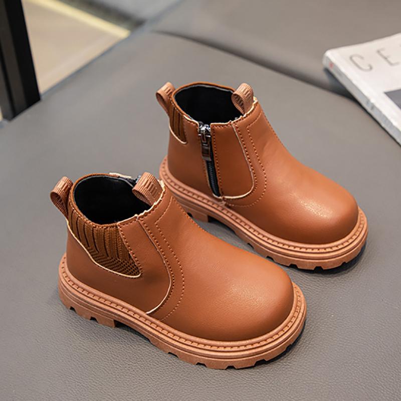 Модные короткие ботинки для мальчиков и девочек, нескользящие ботинки в британском стиле, детские ботинки с боковой молнией, кожаные ботинки с противоскользящим покрытием