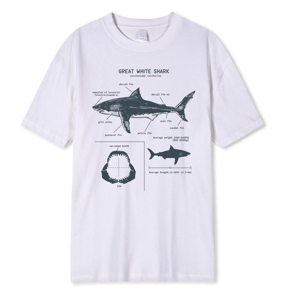 Great White Shark Anatomy T-Shirt Summer Street Short Sleeve Hip Hop Punk Style Boy Casual Tops Fashion White Tees