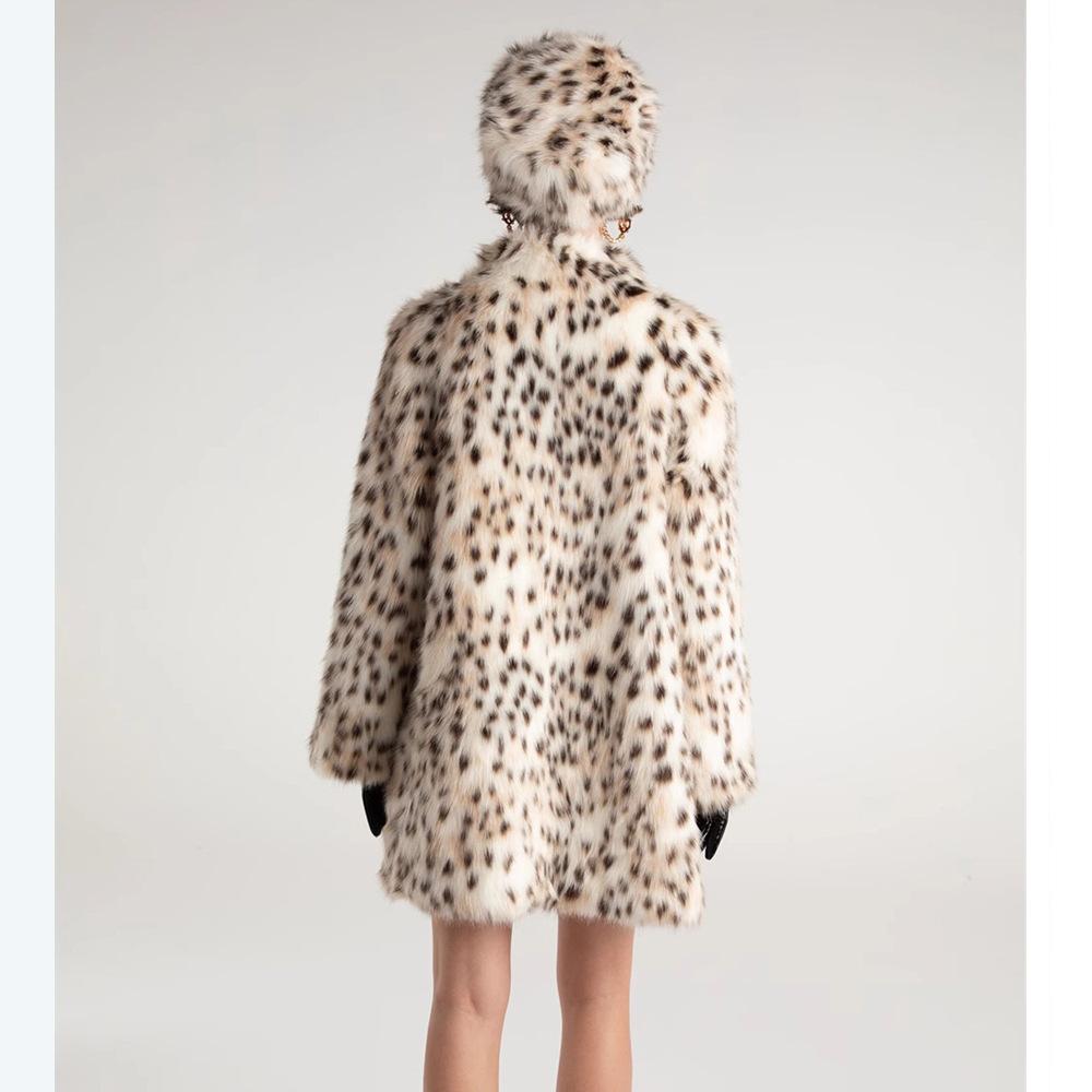 Women's Fur Coat Imitation Fox Hair Medium and Long Coat Autumn and Winter New Stand-up Collar Bobcat Pattern Warm Loose Trench Coat