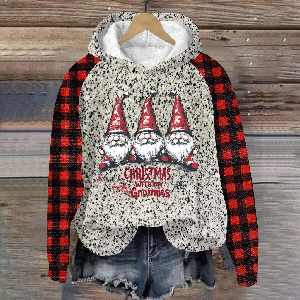 Women's Fashion Pullover Plunging Sleeve Christmas Printed Hooded Sweatshirt